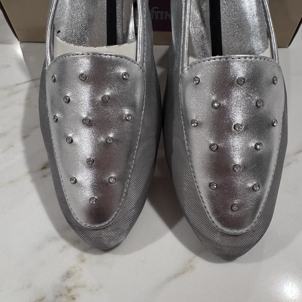 VINTAGE 1980'S‎ Silver Mesh Rhinestone Flats Slip Ons Size9 Sparkle NIB